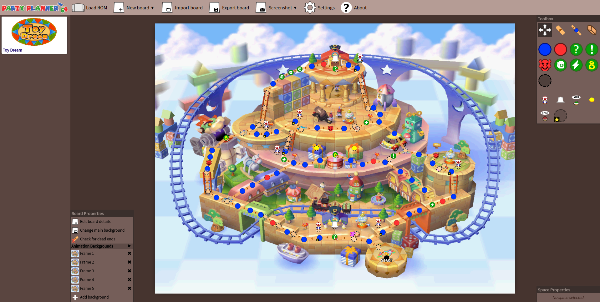 PartyPlanner64 screenshot of Toy Dream board
